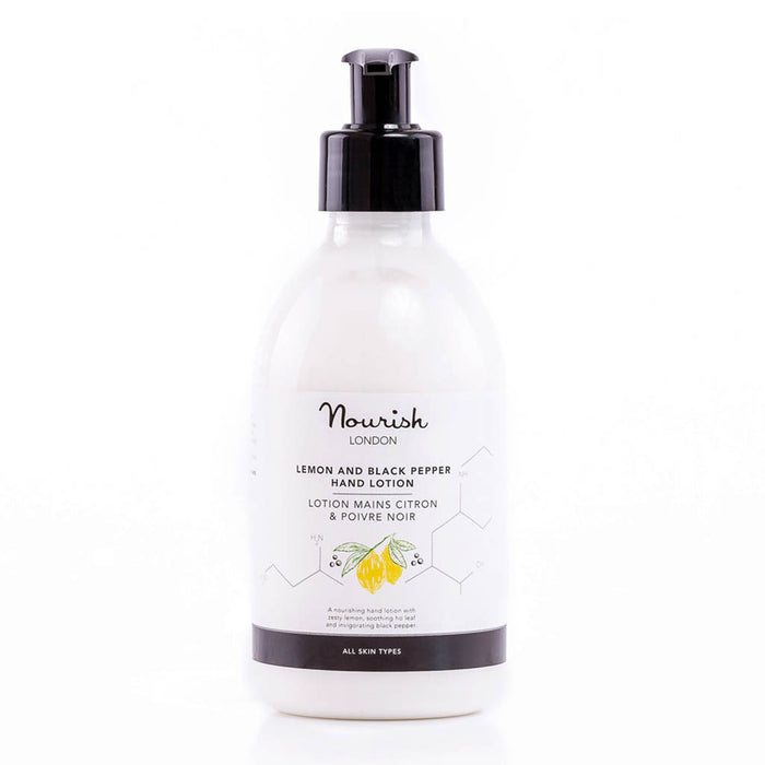 Nourish London Lemon and Black Pepper Hand Lotion in a white pump bottle, shown on a clean white background.