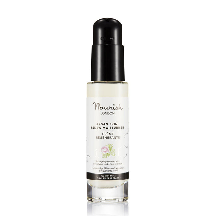 Nourish London Argan Skin Renew Moisturiser bottle with black pump and white label, displayed on a white background.