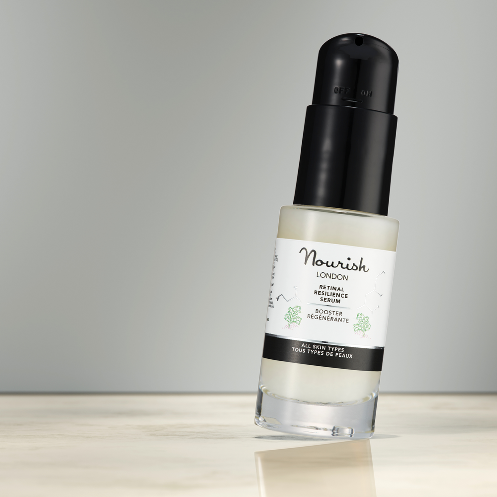 Nourish London Retinal Resilience Serum – anti-ageing Vitamin A serum with hyaluronic acid and ceramides in a glass bottle