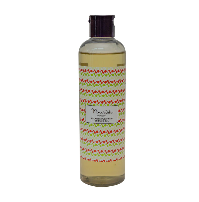 Nourish London Balance Purifying Shower Gel with botanical patterned label, skincare body wash