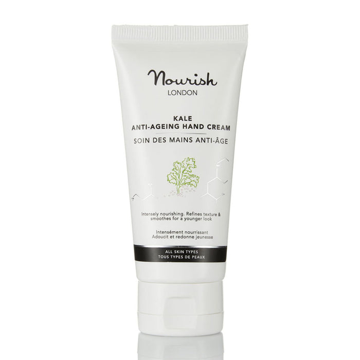 Nourish London Kale anti-ageing hand cream in a white tube.