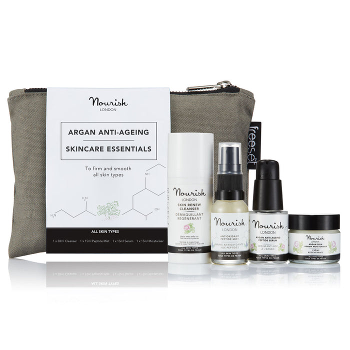 Nourish London Argan Anti-Ageing Skincare Essentials gift set with cleanser, serum, moisturiser and balm in reusable pouch