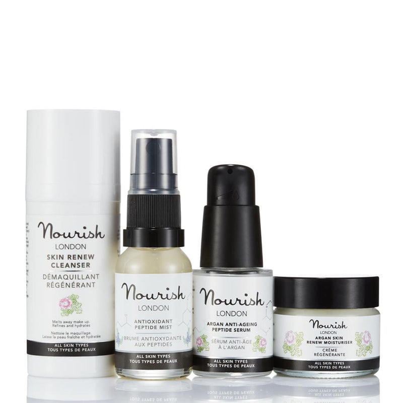 Nourish London Argan Anti-Ageing Skincare Essentials Set - Vegan Certified: Skin Renew Cleanser, Antioxidant Peptide Mist, Argan Anti-Ageing Peptide Serum, Argan Skin Renew Moisturiser
