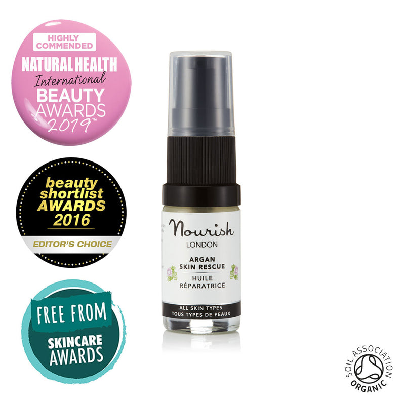 Nourish London Argan Skin Rescue Certified Organic Facial Oil Travel Size 5 ml - Award Winning Skincare: Natural Health Magazine International Beauty Awards Highly Commended 2019 Best Anti-Ageing Range, Beauty Shortlist Awards Editor's Choice 2016, Winner Free From Skincare Awards 2015