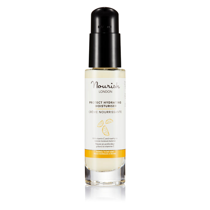 Nourish London Protect Hydrating Moisturiser in a clear bottle with black pump, shown on a white background.