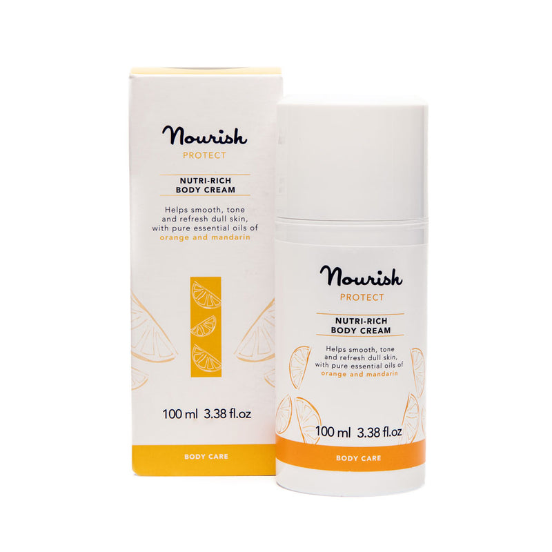 Nourish London Protect Nutri-Rich Body Cream in white pump bottle with matching box, 100 ml, featuring orange and mandarin illustrations on a white background.