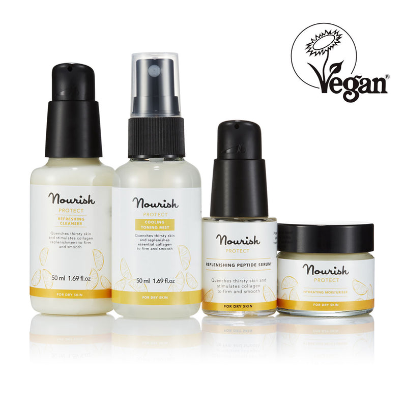 Nourish London NEW Protect Skincare Essentials for Dry Skin - Vegan Certified: Protect Refreshing Cleanser, Protect Cooling Toning Mist, Protect Replenishing Peptide Serum, Protect Hydrating Moisturiser
