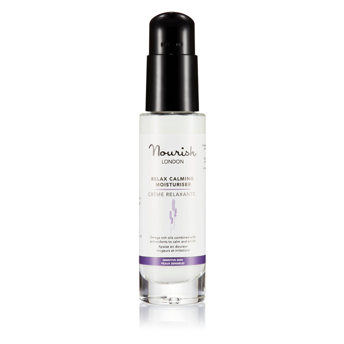 Nourish London Relax Calming Moisturiser in a clear bottle with black pump, shown on a white background