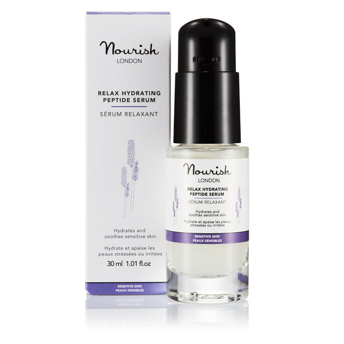 Nourish London Relax Hydrating Peptide Serum bottle with black pump beside its matching box on a white background