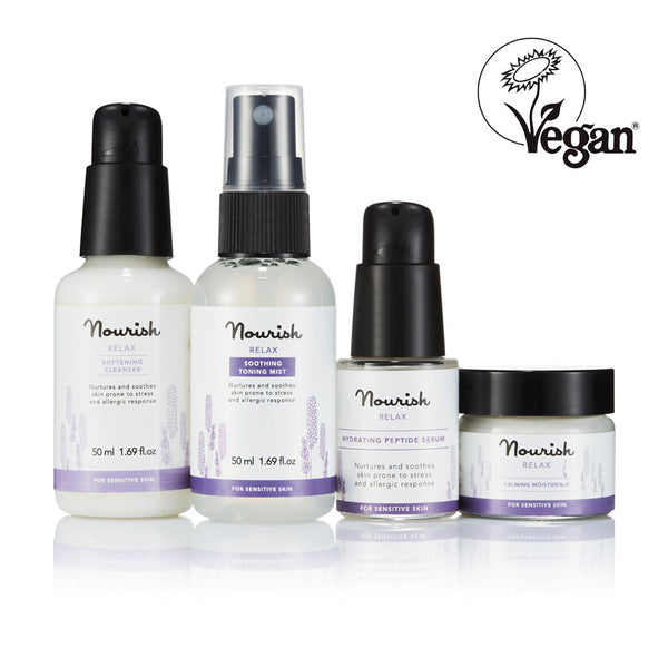 Nourish London NEW Relax Skincare Essentials for Sensitive Skin - Vegan Certified: Relax Softening Cleanser, Relax Soothing Toning Mist, Relax Hydrating Peptide Serum, Relax Calming Moisturiser