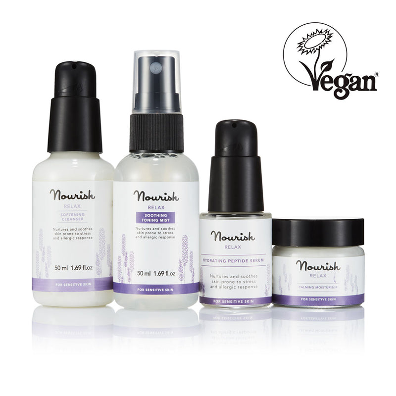 Nourish London NEW Relax Skincare Essentials for Sensitive Skin - Vegan Certified: Relax Softening Cleanser, Relax Soothing Toning Mist, Relax Hydrating Peptide Serum, Relax Calming Moisturiser