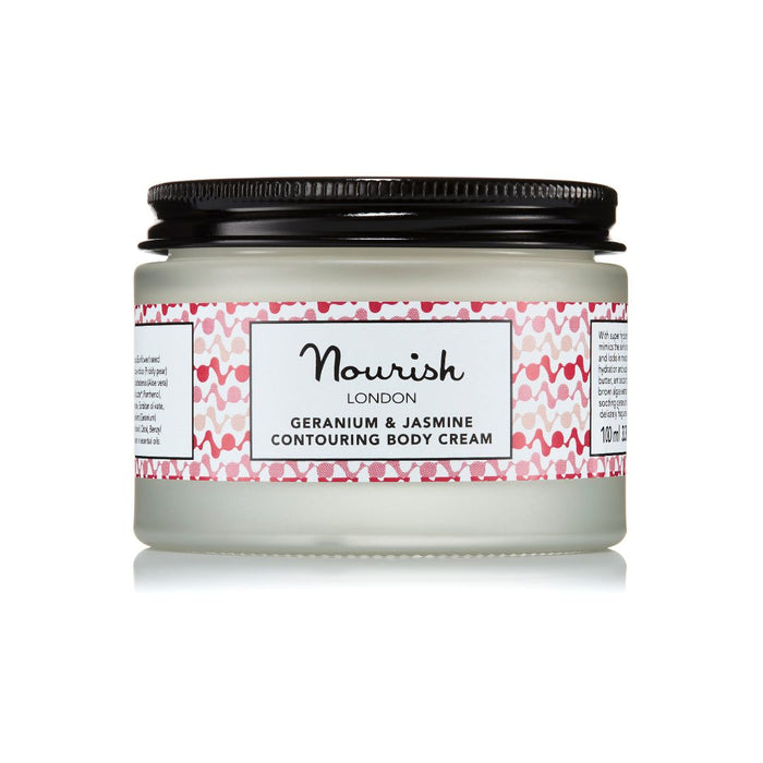A Nourish London Geranium & Jasmine Contouring Body Cream jar with a black lid and pink patterned label, displayed against a white background.