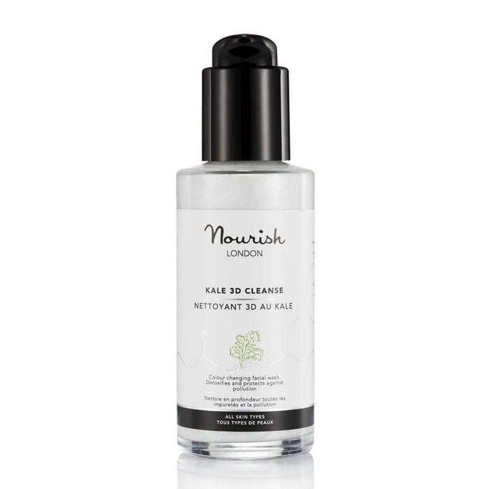 Nourish London Kale 3D Cleanse facial cleanser in a clear bottle with black pump, shown on a white background